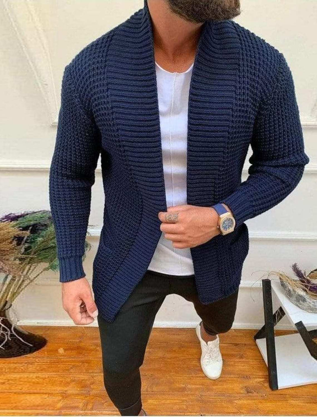 Herren Strickjacke mit tiefem Kragen und strukturiertem Design Drune