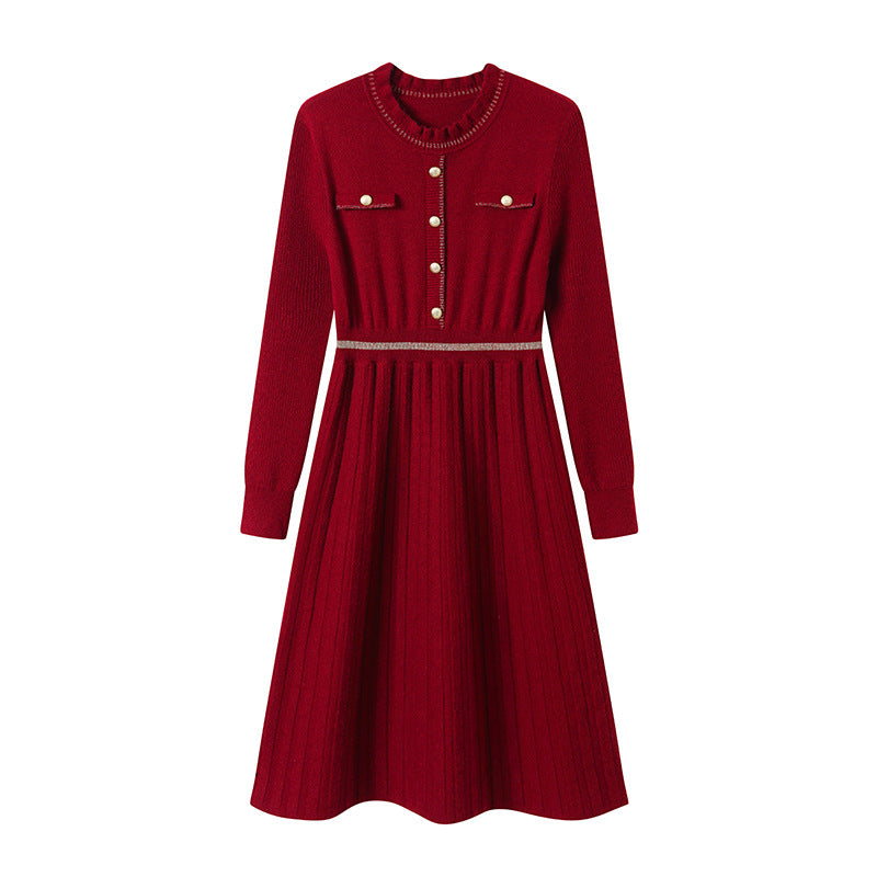Damen Strickkleid mit eleganter Rückenansicht und hochgeschlossenem Kragen Drune