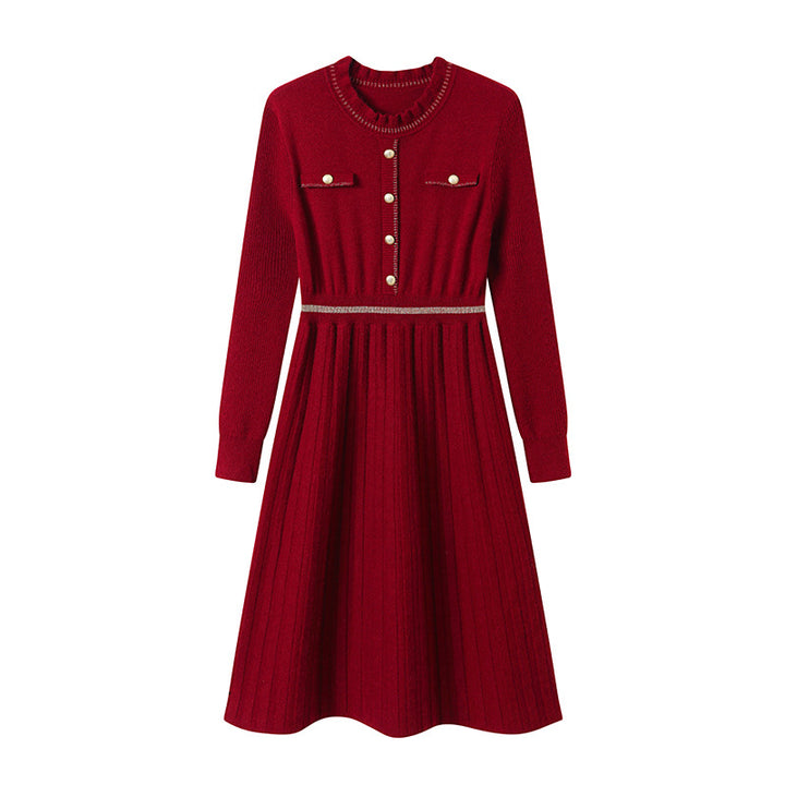 Damen Strickkleid mit eleganter Rückenansicht und hochgeschlossenem Kragen Drune
