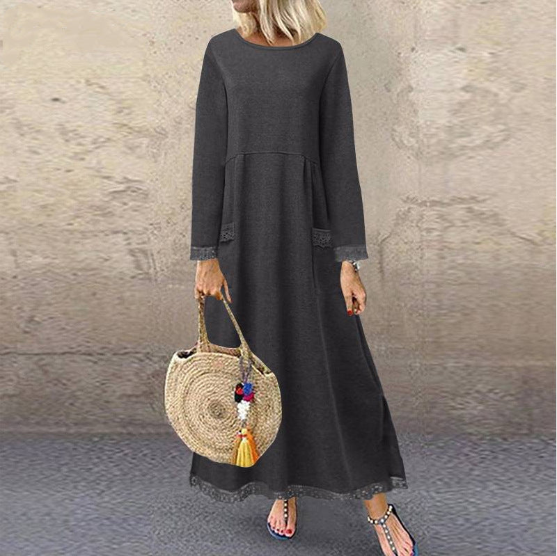 Damen nan Maxikleid mit lockerem A‑Linien Schnitt, Rundhalsausschnitt, aufgesetzten Eingrifftaschen und zierlichem Spitzenbesatz Drune