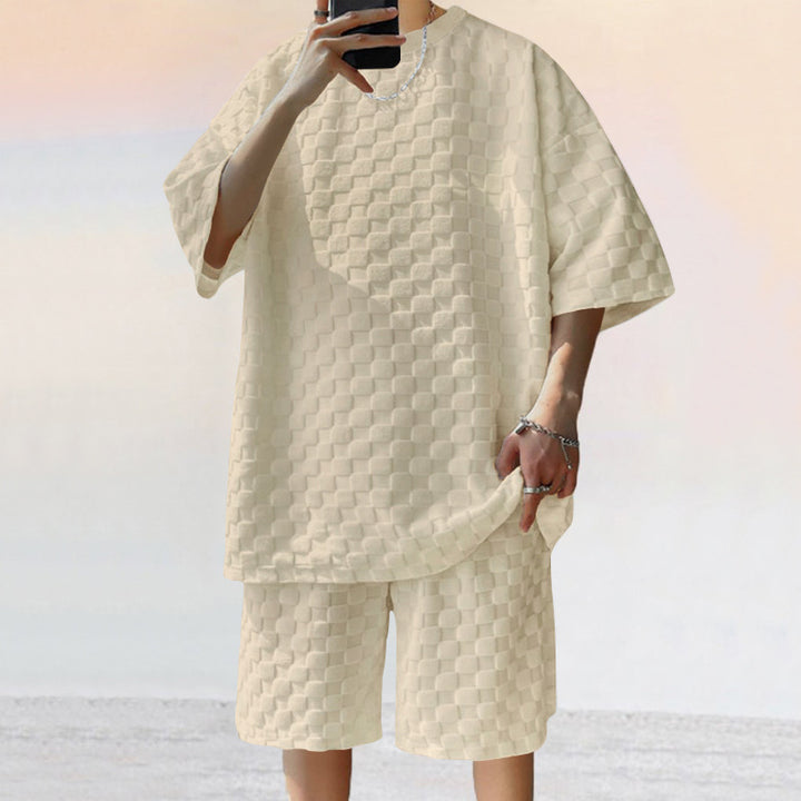 Herren nan oversized Lounge-Set mit strukturierter Waffel-Karo-Optik, Kurzarmshirt und Bermuda-Shorts Drune