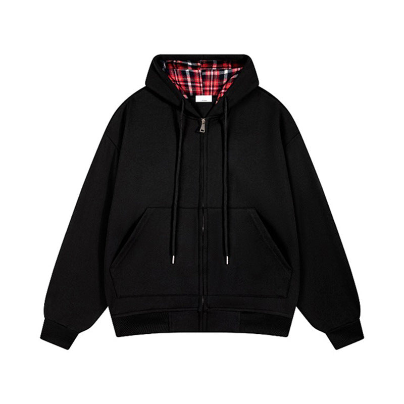 Damen lässige Kapuzenjacke mit Karo-Innenfutter und durchgehendem Reißverschluss Drune