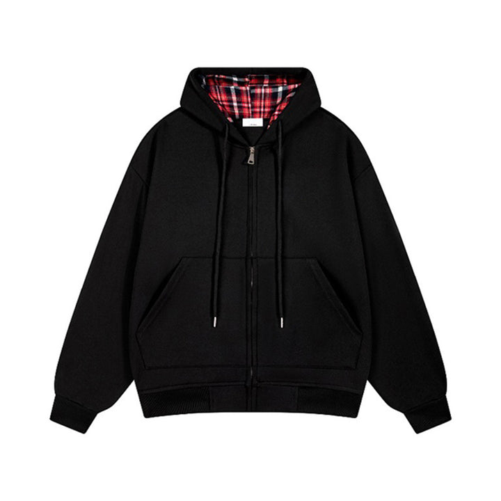 Damen lässige Kapuzenjacke mit Karo-Innenfutter und durchgehendem Reißverschluss Drune