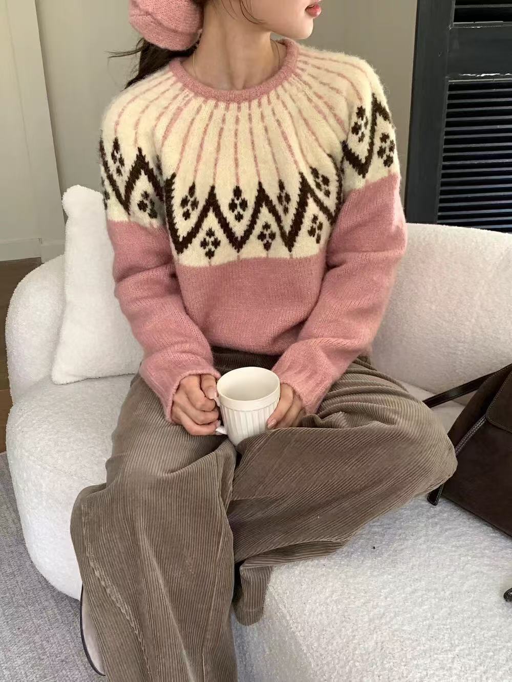 Damen Gemütlicher Strickpullover mit geometrischem Print und Rundhalsausschnitt Drune