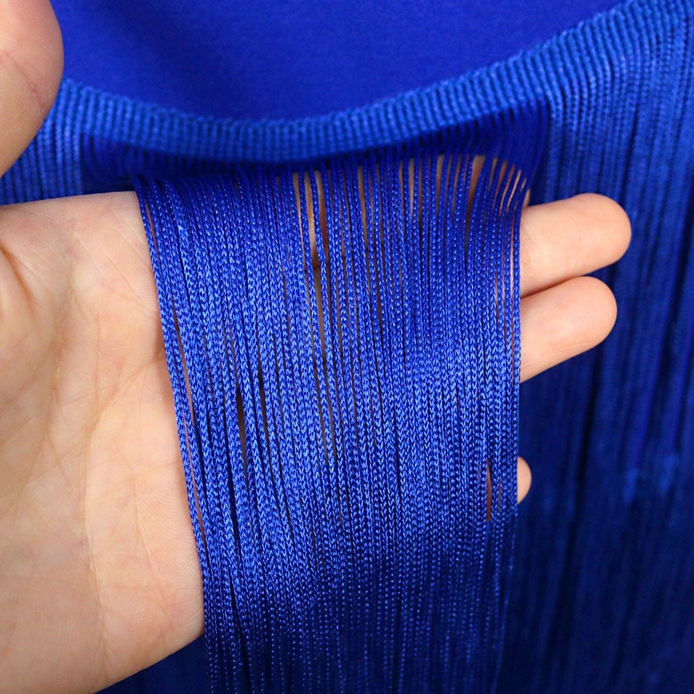 Damen glamouröses Abendkleid mit schulterfreien Rüschen und Fransen Drune