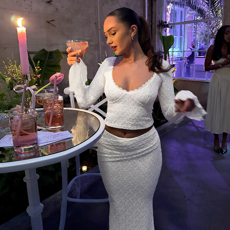 Damen Elegantes Spitzenkleid mit voluminösen Ärmeln und tiefem V-Ausschnitt Drune
