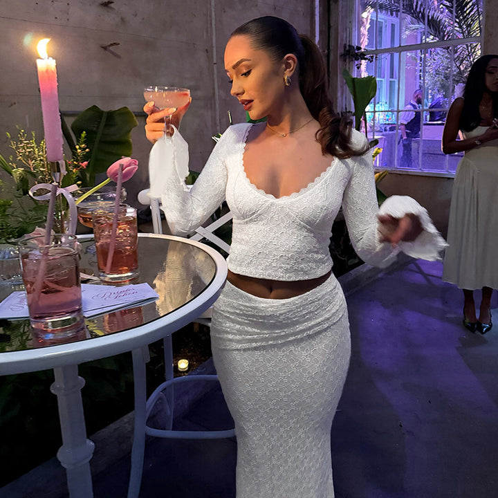 Damen Elegantes Spitzenkleid mit voluminösen Ärmeln und tiefem V-Ausschnitt Drune