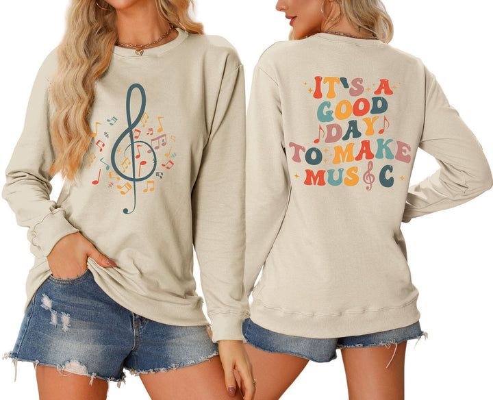 Damen Sweatshirt mit musikalischem Motiv und kreativem Schriftzug Drune