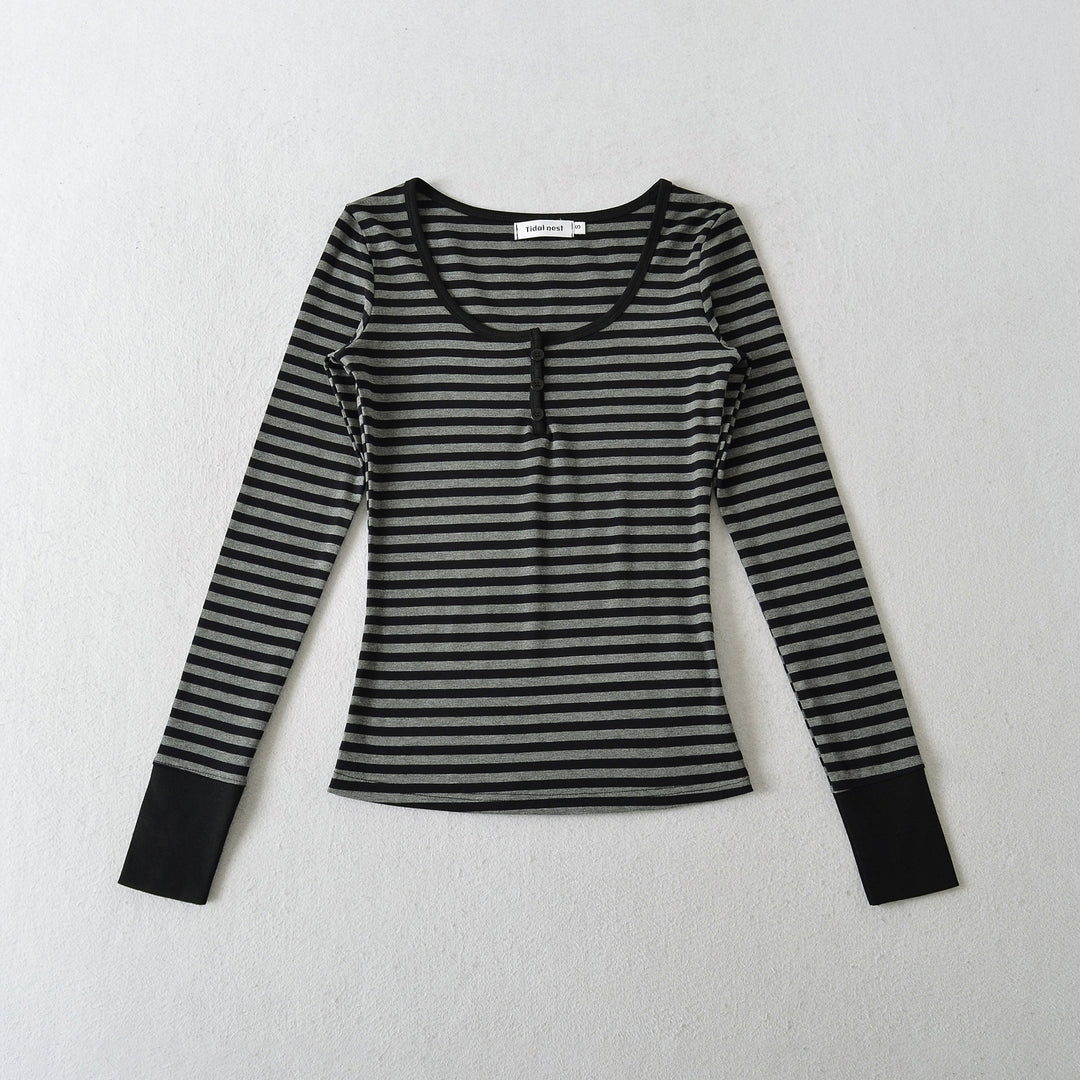 Damen Langarmshirt mit modischem Streifenmuster und Knopfdetails Drune