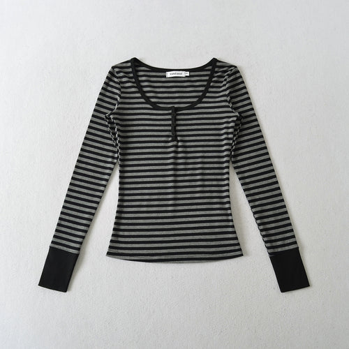 Damen Langarmshirt mit modischem Streifenmuster und Knopfdetails Drune