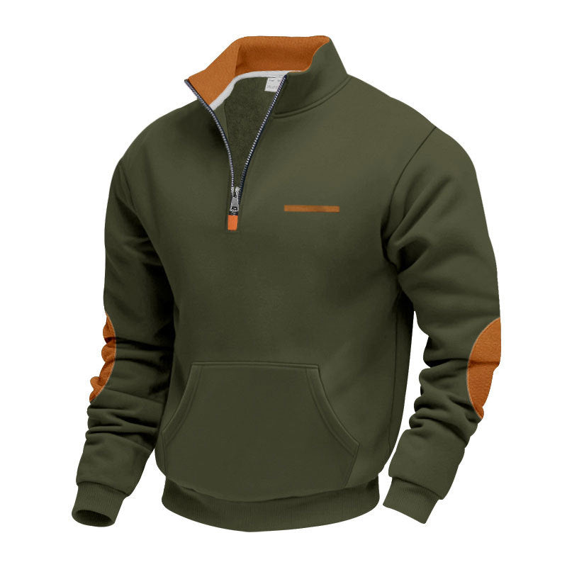 Herren nan Halbzip-Sweatpullover mit Stehkragen, Kängurutasche und Ellenbogenbesatz Drune