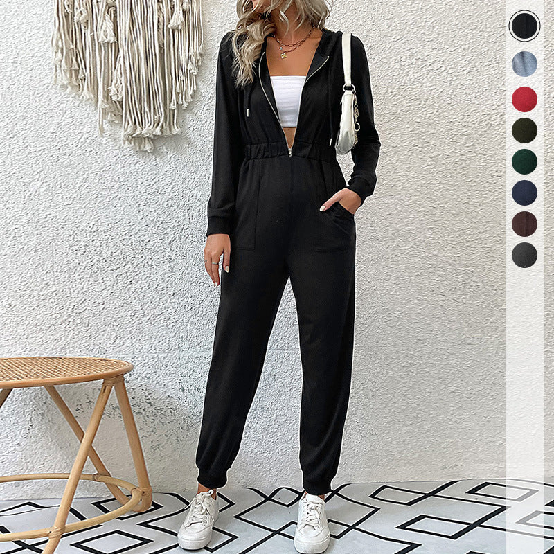 Damen Kapuzensweat Jumpsuit mit hochwertigem Reißverschluss und elastischen Bündchen Drune