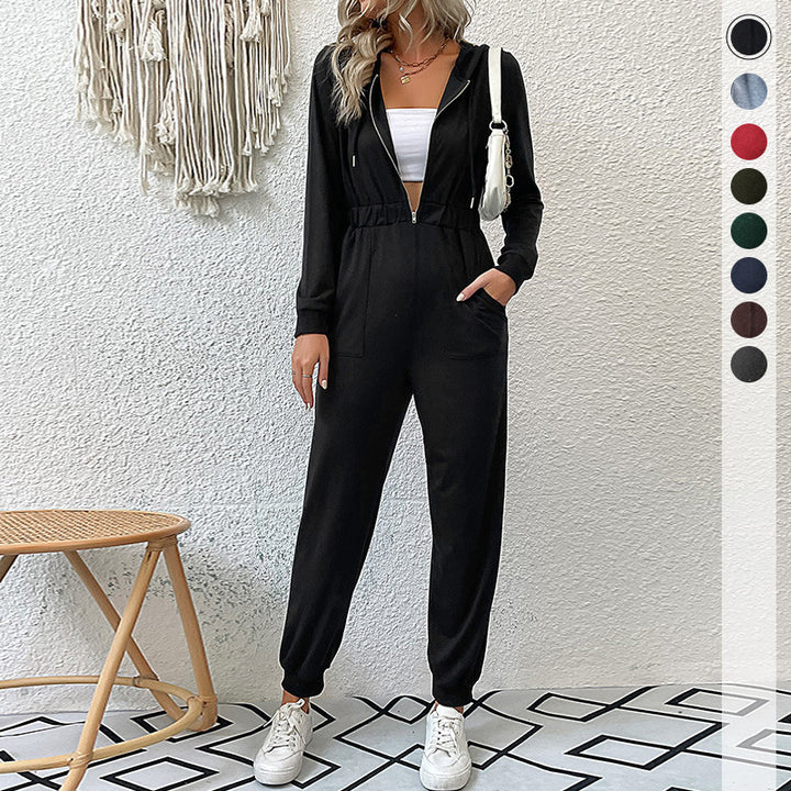 Damen Kapuzensweat Jumpsuit mit hochwertigem Reißverschluss und elastischen Bündchen Drune