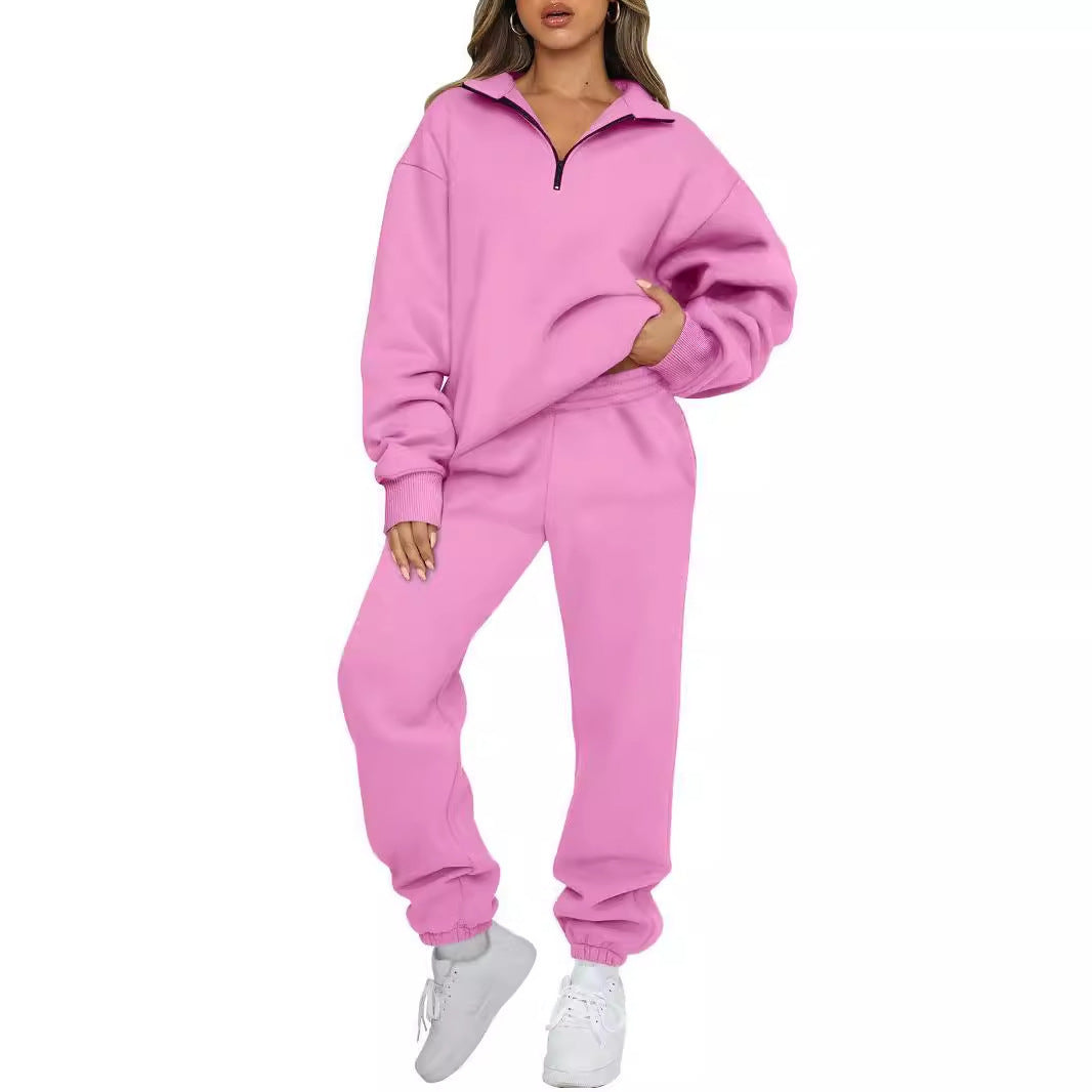 Damen gemütlicher Sweatpants-Set mit modernem Stehkragen und Kängurutasche Drune