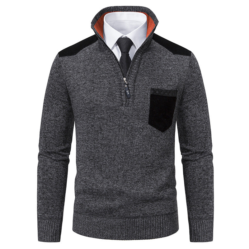 Herren nan Feinstrick-Halbzip-Pullover mit Stehkragen, Brusttasche und Schulterbesatz Drune