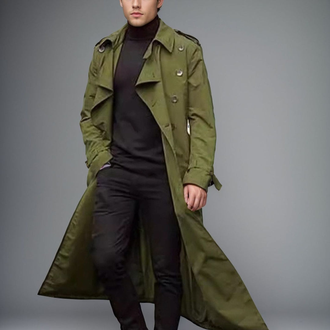 Herren langer Trenchcoat mit modernem Schnitt und praktischen Taschen Drune