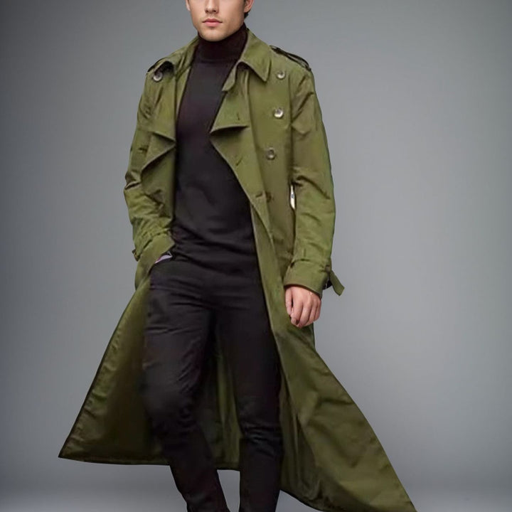 Herren langer Trenchcoat mit modernem Schnitt und praktischen Taschen Drune