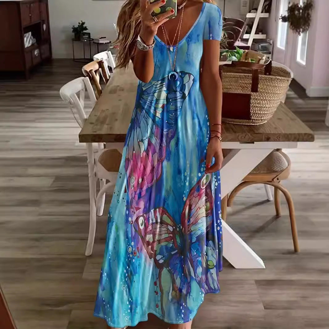 Damen Maxikleid mit floralen Schmetterlingsmotiven und weich fließendem Stoff Drune