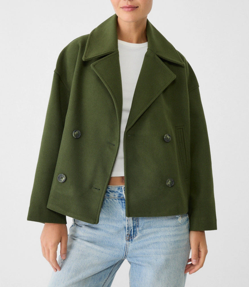 Damen nan kurz geschnittener Zweireiher Wollmix-Peacoat mit überbreitem Revers und kastiger Silhouette Drune