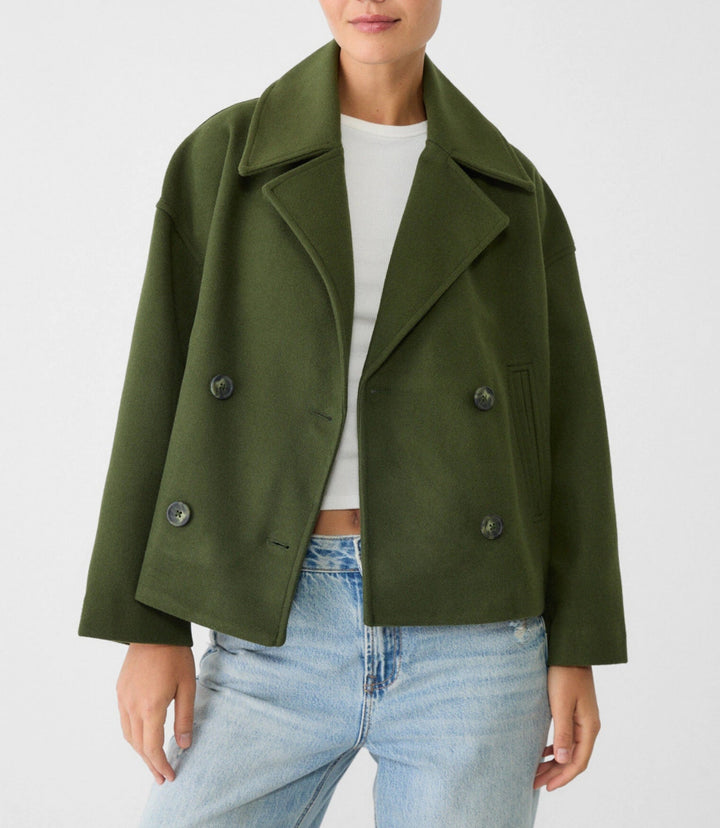 Damen nan kurz geschnittener Zweireiher Wollmix-Peacoat mit überbreitem Revers und kastiger Silhouette Drune