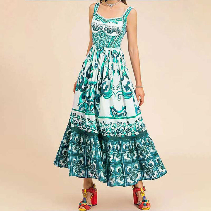 Damen Maxikleid mit aufwendigem ornamentalen Design und weit schwingendem Rock Drune