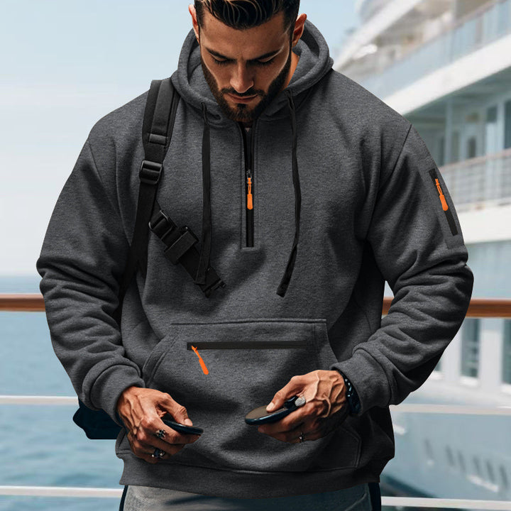 Herren nan technischer Halbzip-Outdoor-Hoodie mit verdeckter Kängurutasche, Reißverschluss-Ärmeltasche und integriertem Kabelkanal Drune