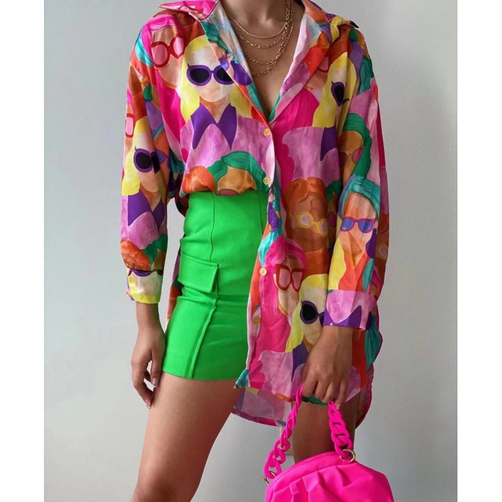 Damen Transparente Bluse mit buntem Druck und lässiger Passform Drune