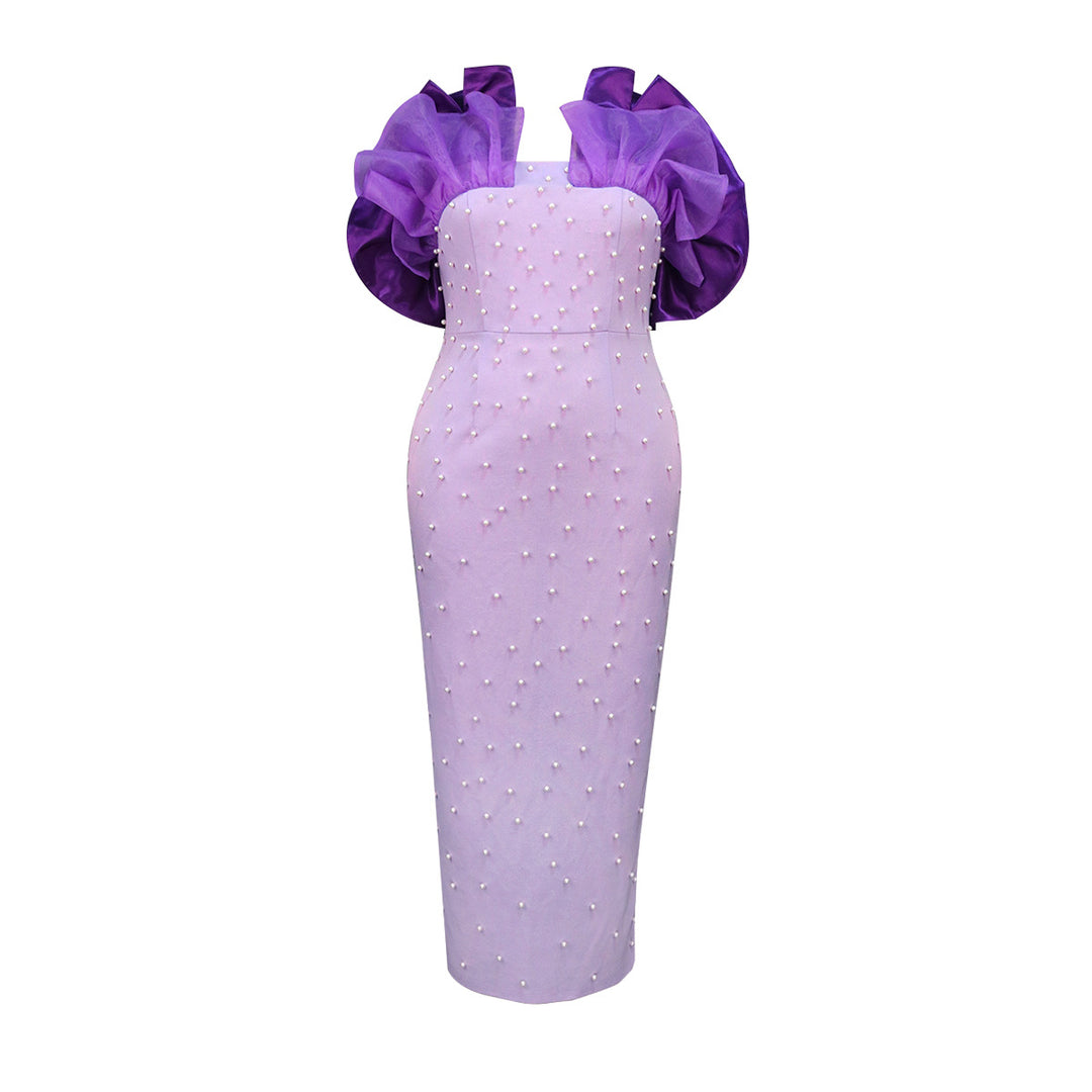 Damen Elegantes Körperbetontes Kleid mit Puffärmeln und Perlenverzierungen Drune