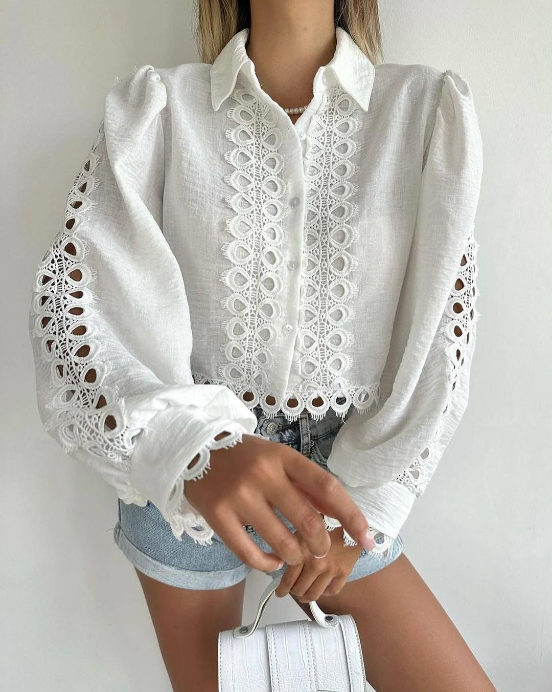 Damen Elegante Bluse mit raffiniertem Stickmuster und Ballonärmel Drune