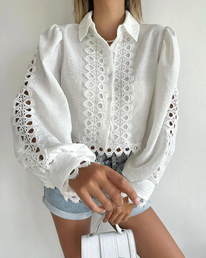 Damen Elegante Bluse mit raffiniertem Stickmuster und Ballonärmel Drune