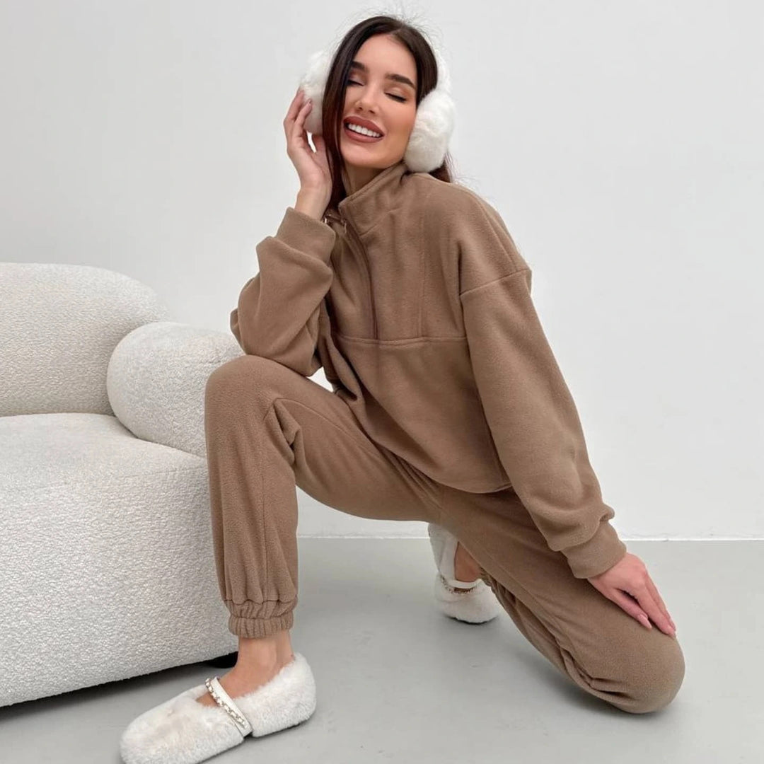 Damen kuscheliges Fleece-Loungewear-Set mit halblangem Reißverschluss und elastischen Bündchen Drune