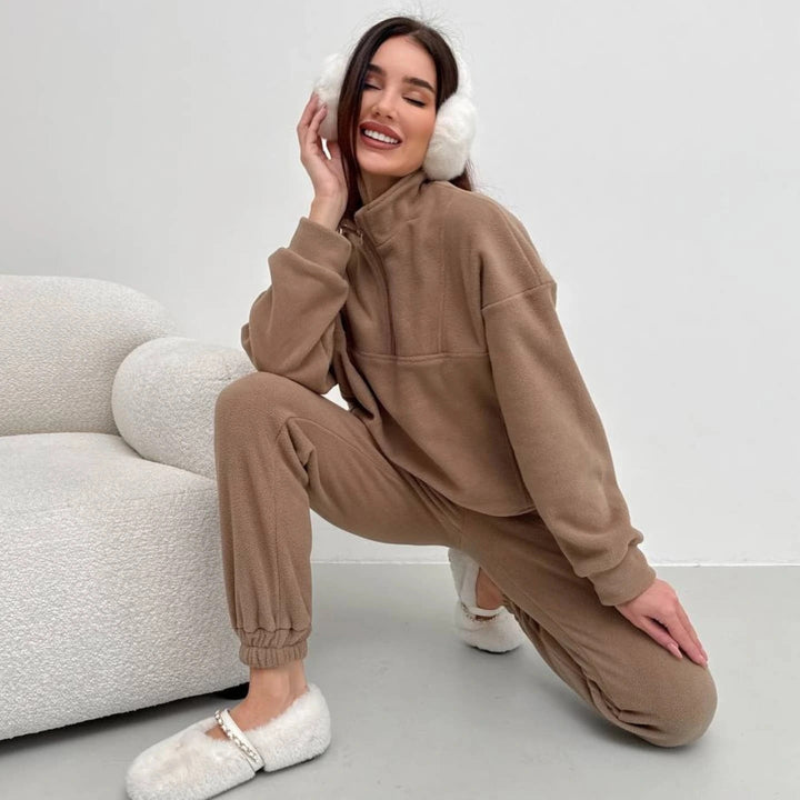 Damen kuscheliges Fleece-Loungewear-Set mit halblangem Reißverschluss und elastischen Bündchen Drune