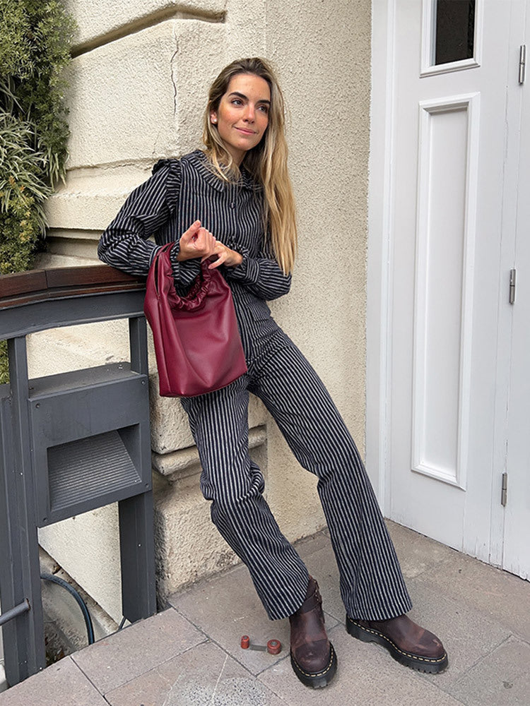 Damen gestreiftes Langarmhemd und Hose Set Drune