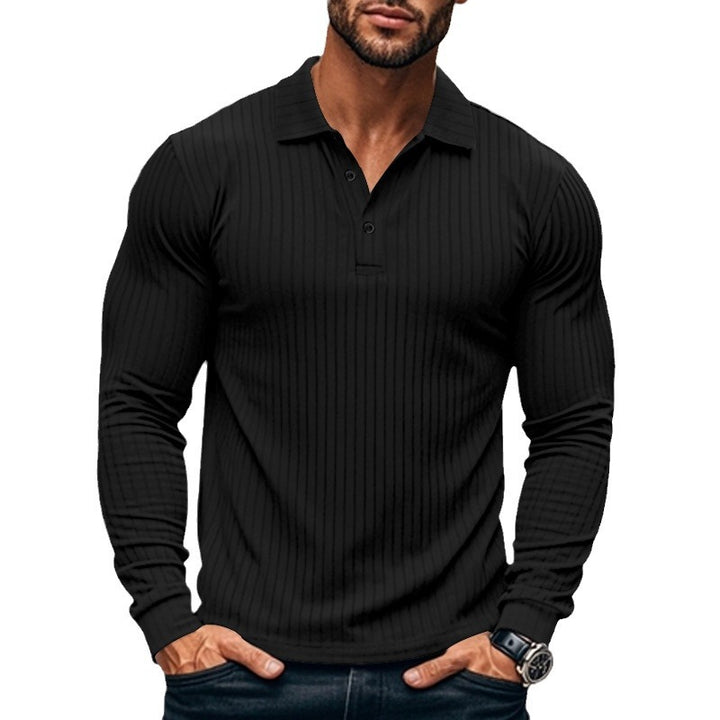 Herren nan eng anliegendes geripptes Langarm-Poloshirt mit Kentkragen und kurzer Knopfleiste Drune