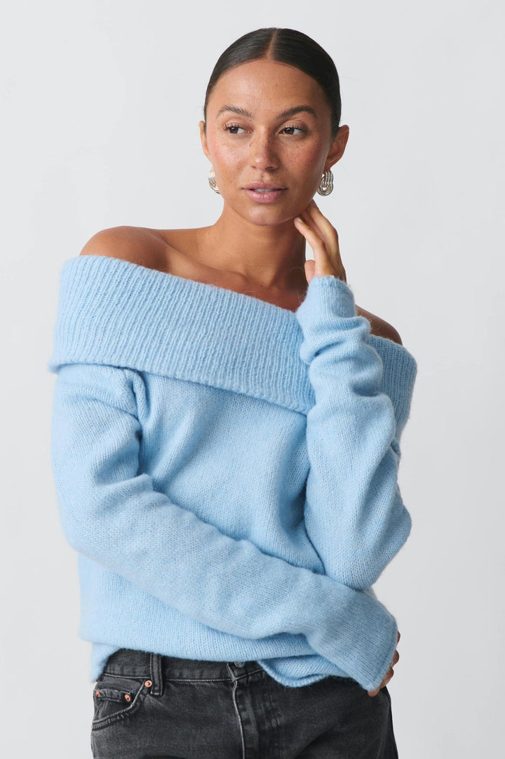 Damen nan Off-Shoulder Grobstrickpullover mit breitem Umschlagkragen und lässiger Oversize-Passform Drune