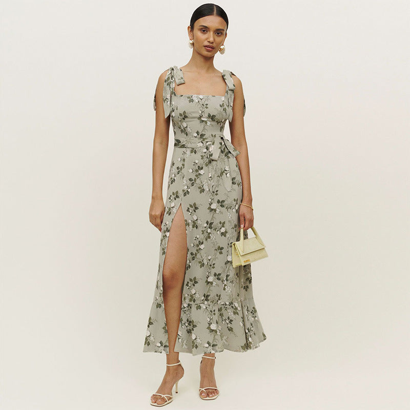 Damen Maxikleid mit eleganten Rüschendetails und hochschlitzender Silhouette Drune