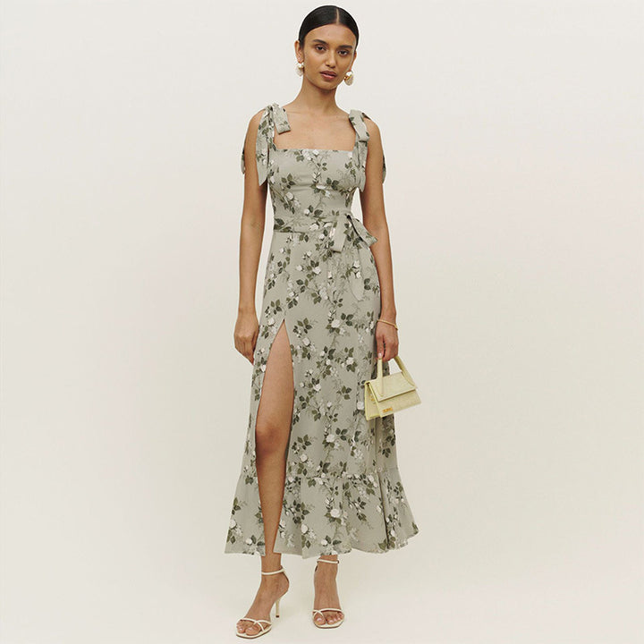 Damen Maxikleid mit eleganten Rüschendetails und hochschlitzender Silhouette Drune