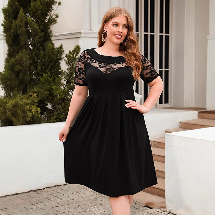 Damen Elegantes Kleid mit Spitzenärmel und schwingendem Rock Drune