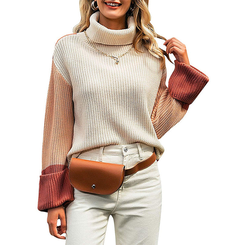 Damen Grobstrickpullover mit hohem Kragen und kontrastierenden Ärmeln Drune