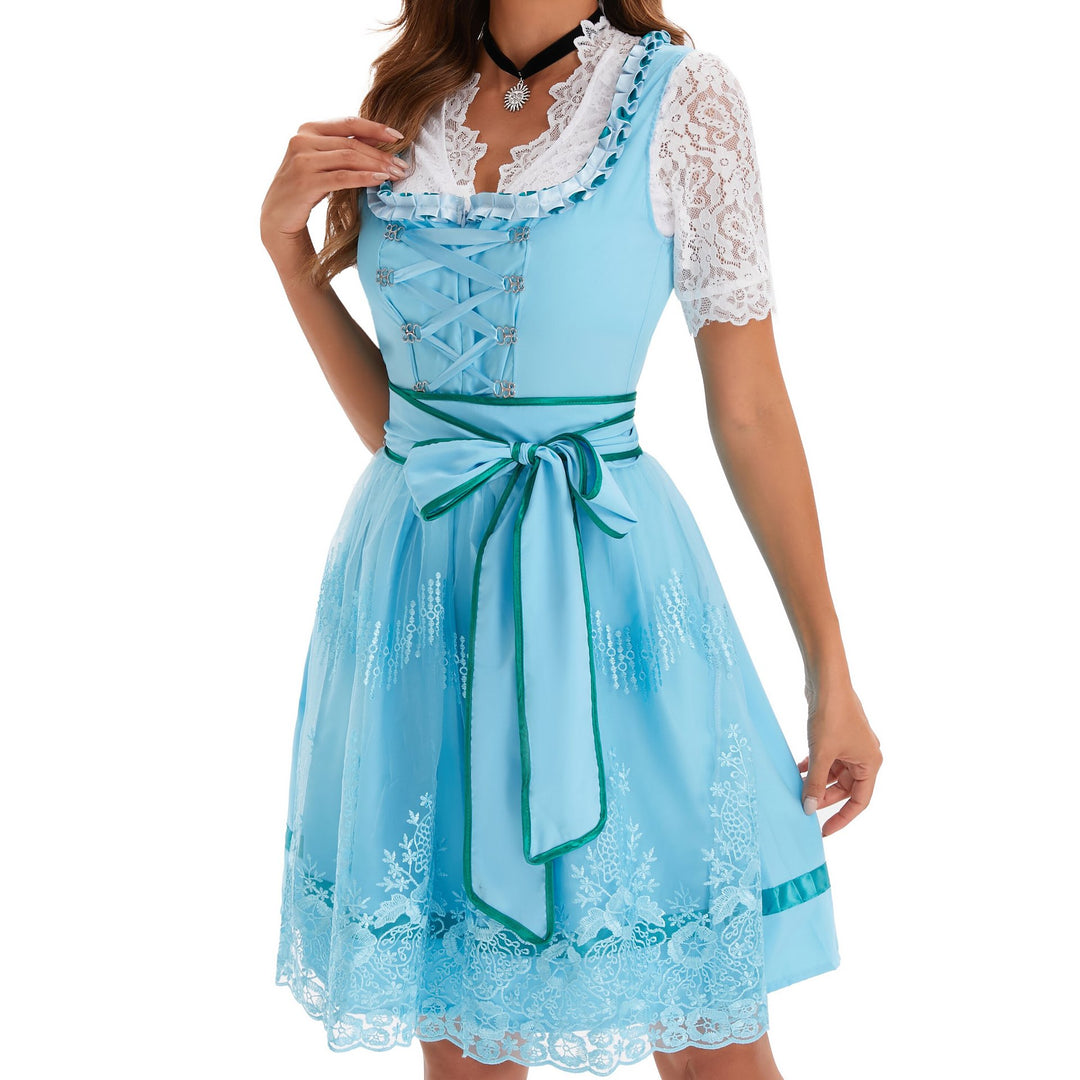 Damen nan kurzes Landhaus-Dirndl mit bestickter Tüllschürze, gerafftem Mieder und Puffärmeln Drune