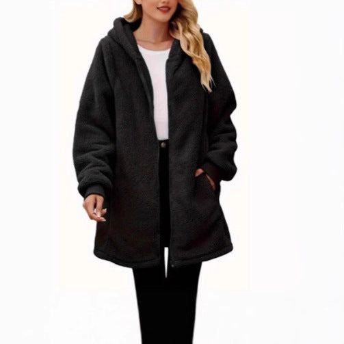 Damen Fleece-Mantel mit Taschen und Kapuze Drune