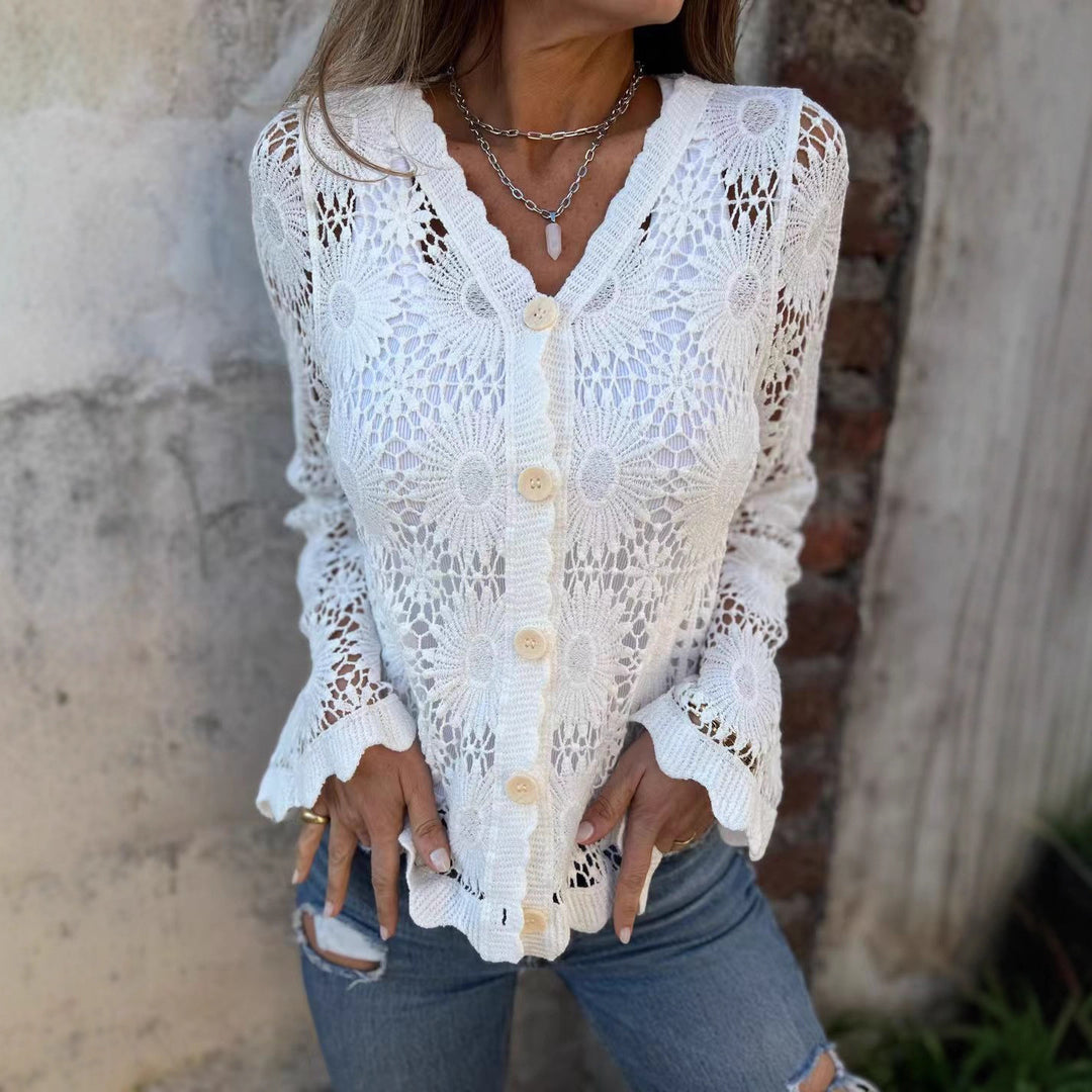 Damen Häkel-Cardigan mit floralem Design und Knopfverschluss Drune