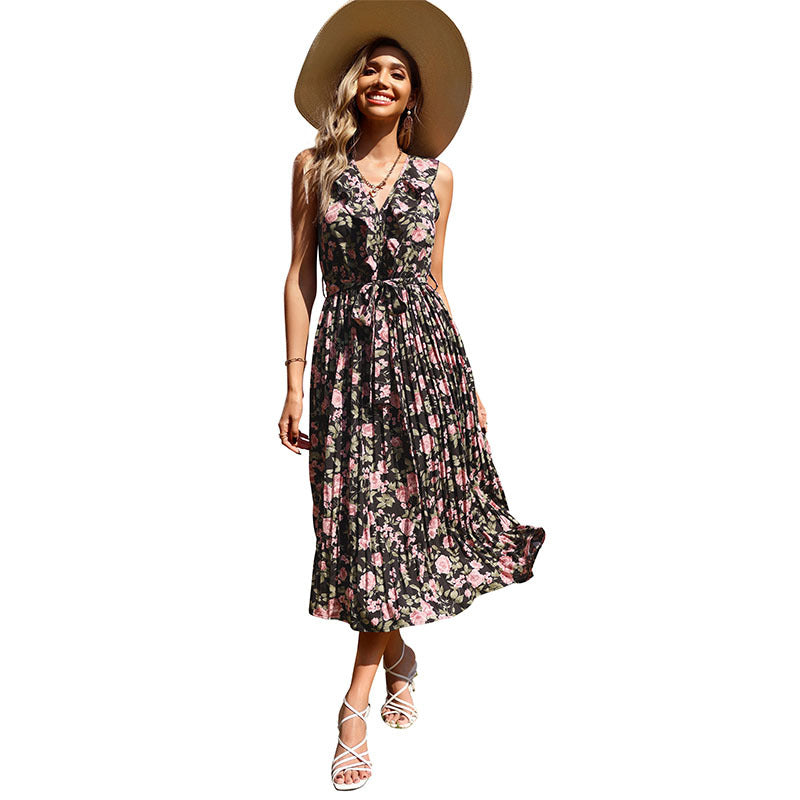 Damen Maxikleid mit floralen Akzenten und schwingendem Rock Drune