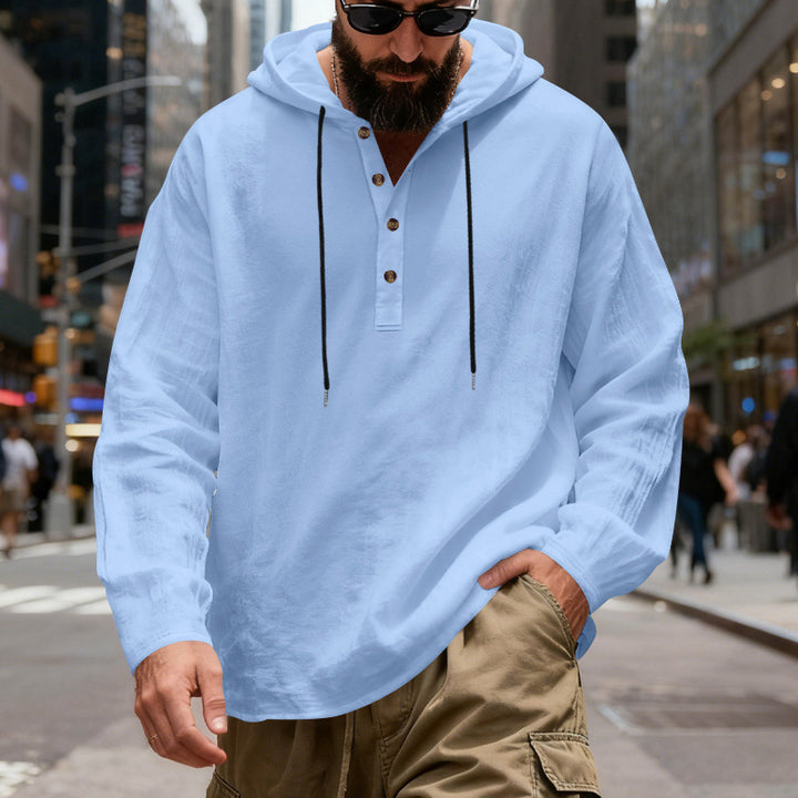 Herren nan legeres Henley-Kapuzenhemd mit Knopfleiste, Kordelzug und gerundetem Saum Drune