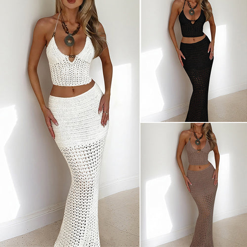 Damen Häkel-Maxikleid mit tiefem V-Ausschnitt und raffiniertem Schnitt Drune
