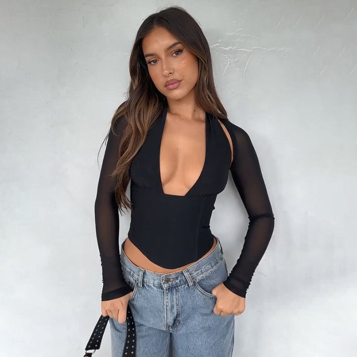 Damen Hochgeschlossenes Crop-Top mit transparenten Ärmeln Drune