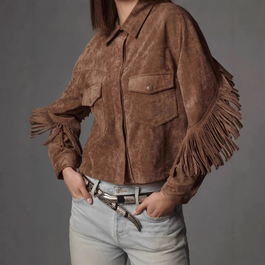 Damen Wildlederjacke mit Fransen und oversized Schnitt Drune