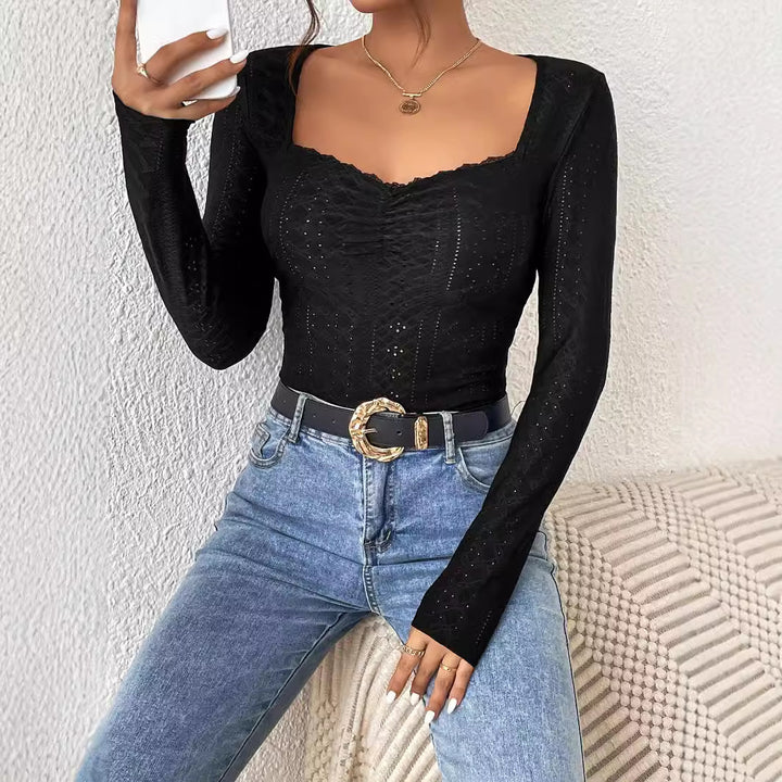 Damen Langarm Bodysuit mit quadratischem Ausschnitt und raffinierten Rüschen Drune