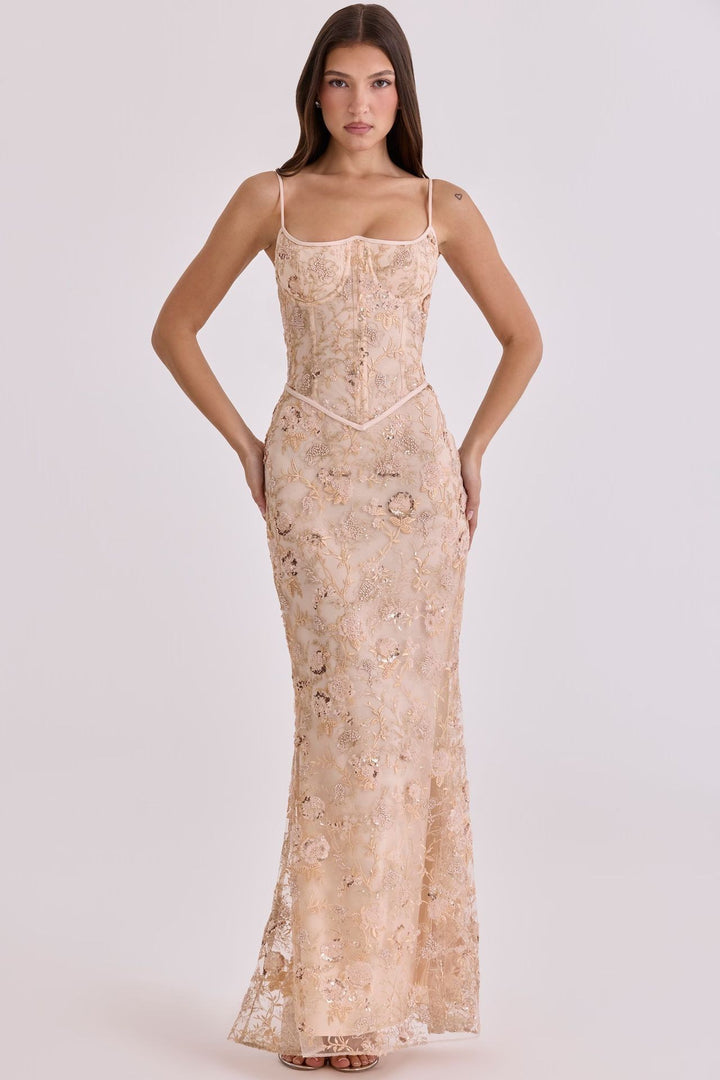 Damen nan besticktes Corsagenabendkleid mit transparenter Spitze und figurbetonter Silhouette Drune