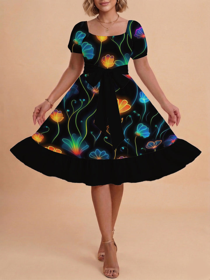 Damen Sommerkleid mit floralem Puffärmel und taillierbarem Gürtel Drune